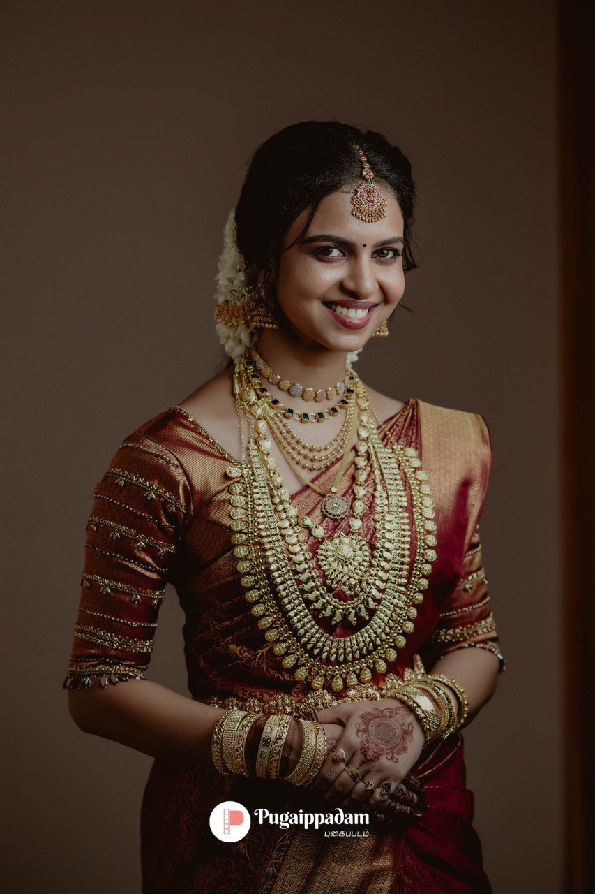Engagement portrait traditional attire — cinematic wedding photography Chennai Pugaippadam
