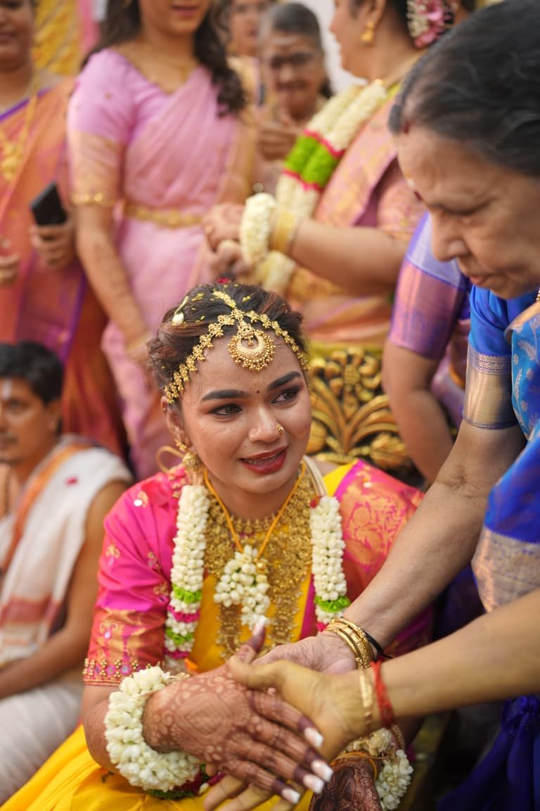 Haldi ceremony bride photography — cinematic wedding photography Chennai Pugaippadam